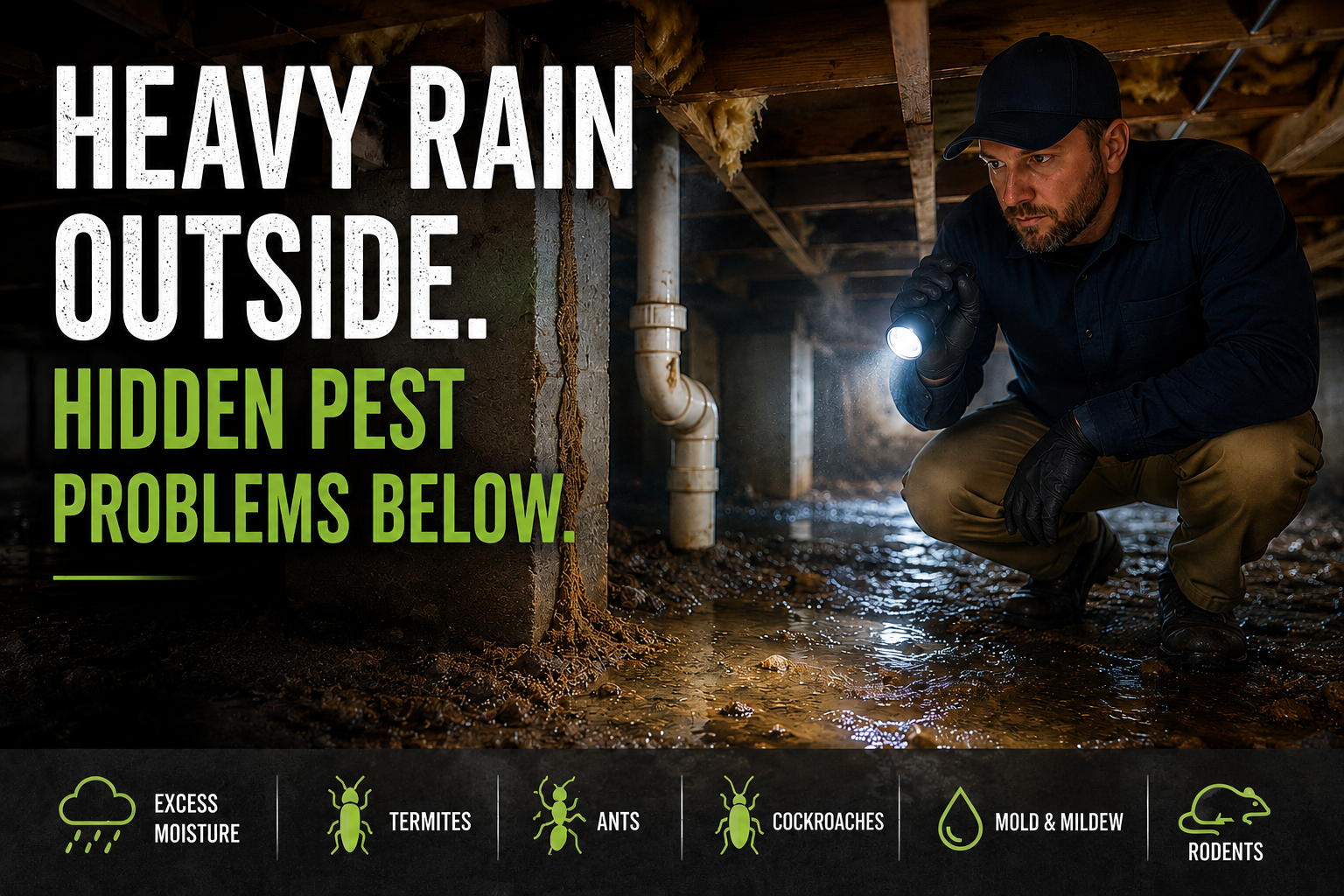 Rainwater pooling near a home foundation after a summer storm, a common trigger for pest activity